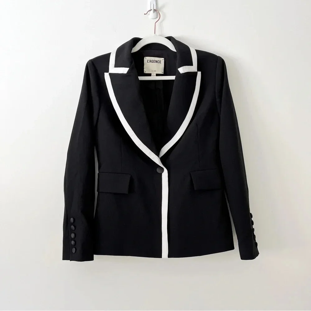 L’Agence black blazer white trim contemporary tuxedo style jacket Size 2 - Picture 1 of 4